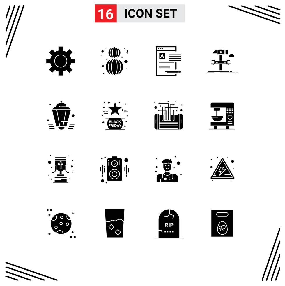 Pack of 16 creative Solid Glyphs of lantern repair news hammer build Editable Vector Design Elements