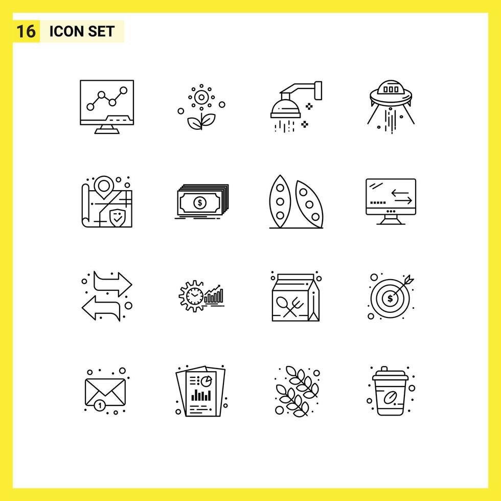 16 Universal Outlines Set for Web and Mobile Applications alien ship bathroom space shower Editable Vector Design Elements