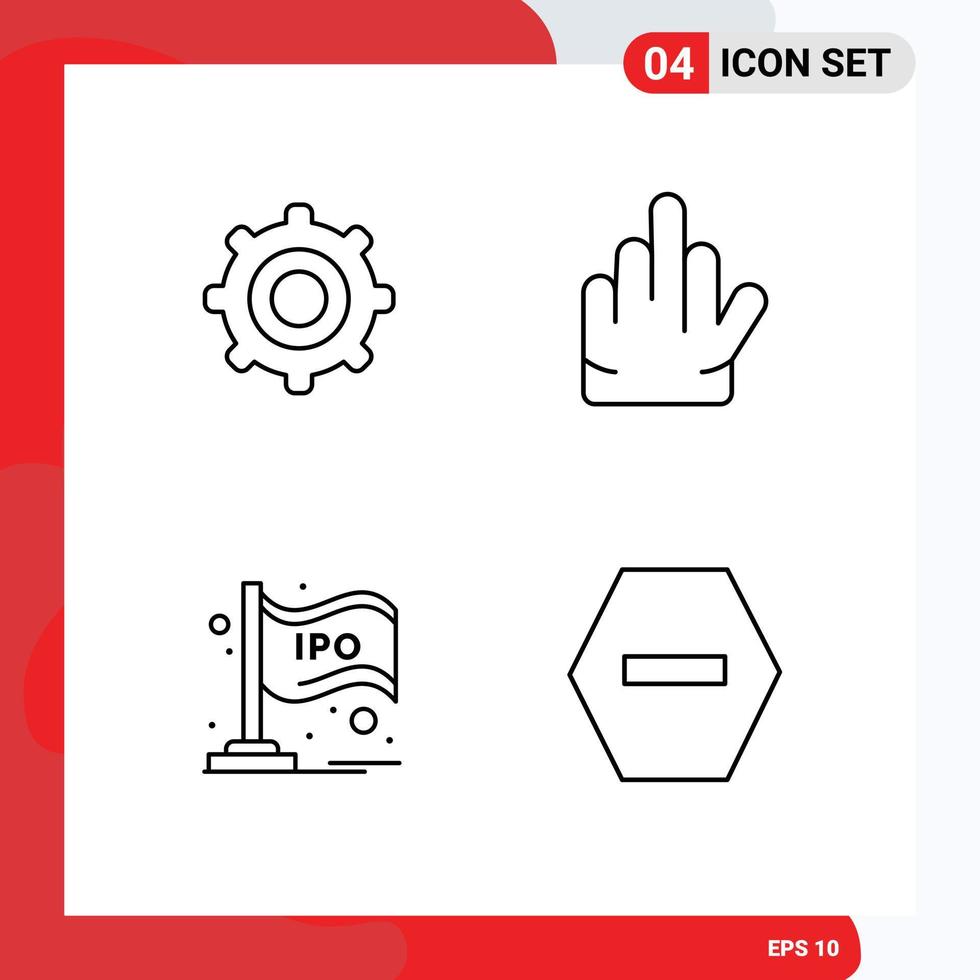 Pack of 4 creative Filledline Flat Colors of gear bar gesture ipo ban Editable Vector Design Elements