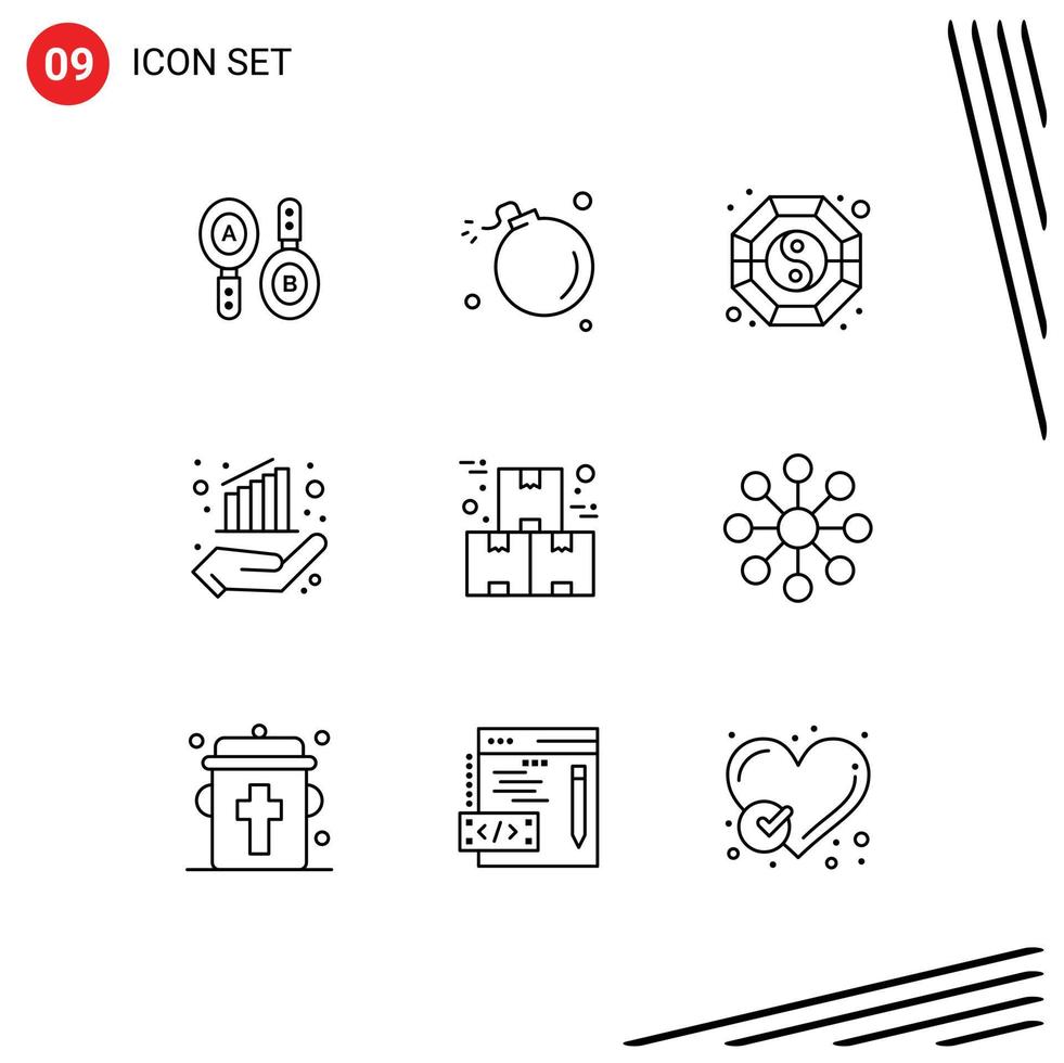símbolos de iconos universales grupo de 9 esquemas modernos de datos de ciencia de finanzas de caja ying elementos de diseño de vectores editables