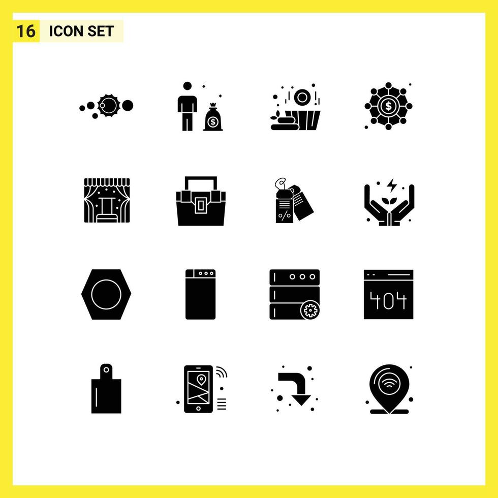 16 Universal Solid Glyph Signs Symbols of stage concert sauna funding finance Editable Vector Design Elements