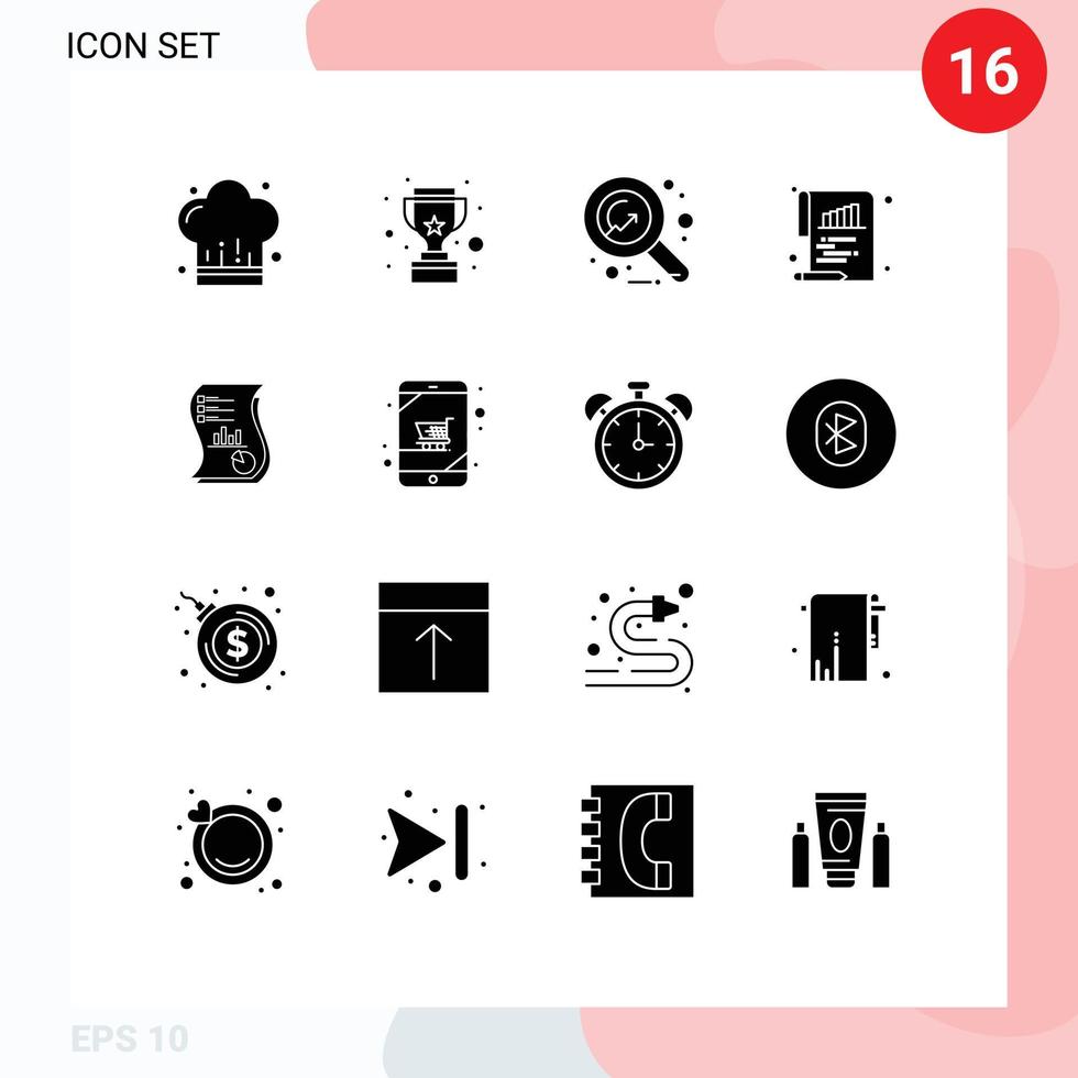 Set of 16 Modern UI Icons Symbols Signs for analytics paper economy document bar Editable Vector Design Elements