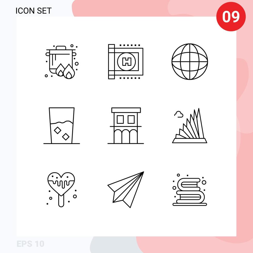 Pack of 9 creative Outlines of house architecture geography set food Editable Vector Design Elements