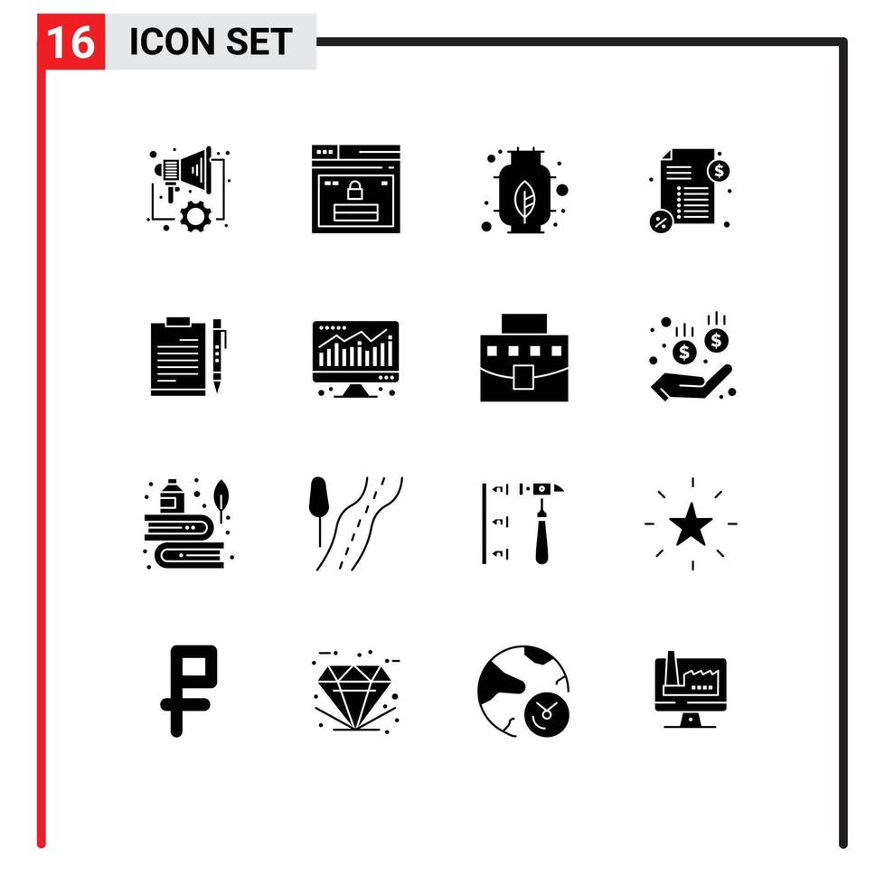 Group of 16 Solid Glyphs Signs and Symbols for clipboard document password payment loan Editable Vector Design Elements