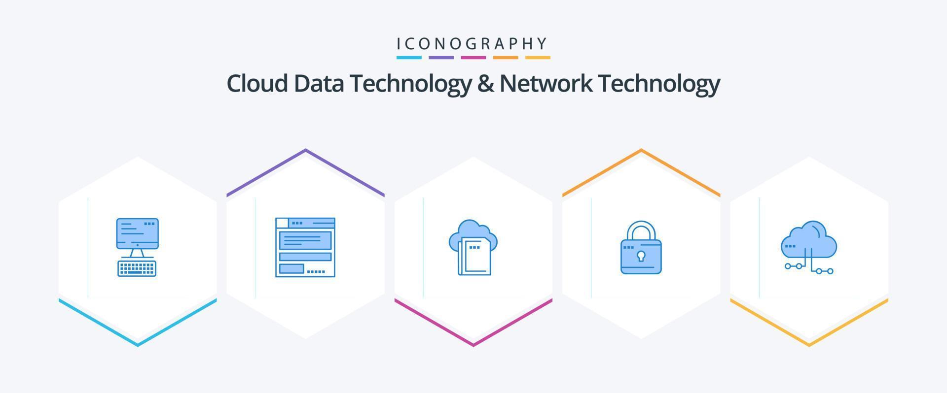 tecnología de datos en la nube y tecnología de red 25 paquetes de iconos azules que incluyen compartir. seguridad. nube. bloqueado bloquear vector