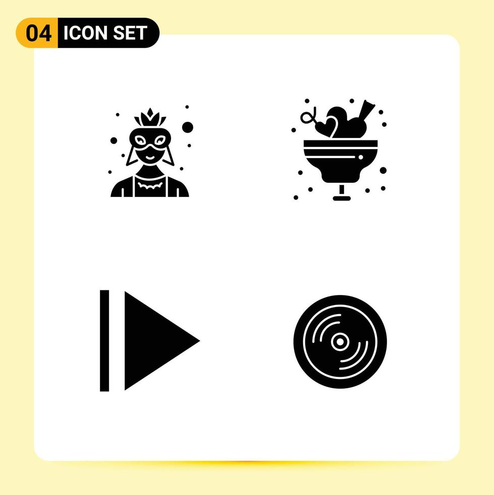 4 Universal Solid Glyph Signs Symbols of mask play costume ice dvd Editable Vector Design Elements