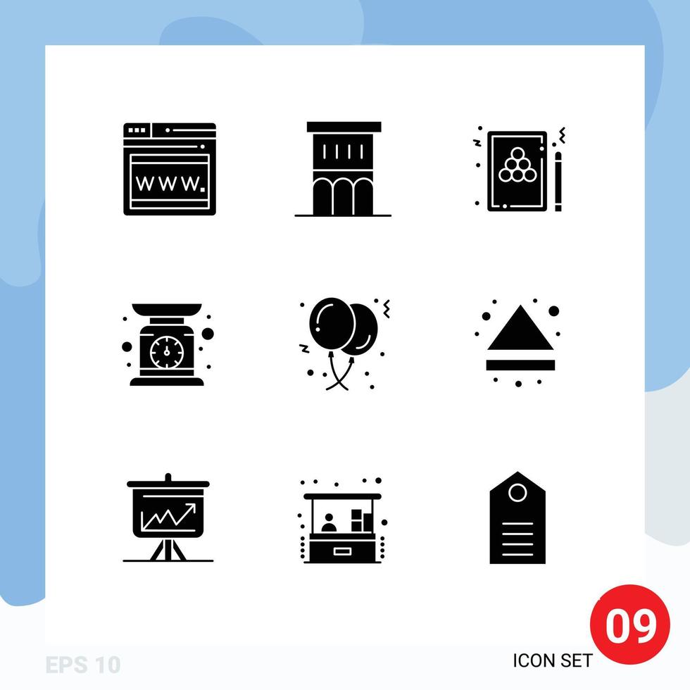 Set of 9 Commercial Solid Glyphs pack for balloons scale snooker machine game Editable Vector Design Elements