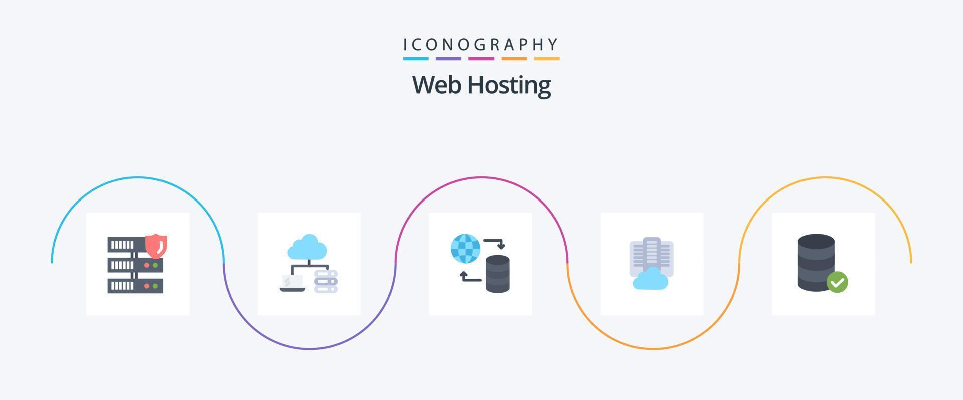 Paquete de 5 iconos planos de alojamiento web que incluye servicio. hospedaje mundo. servidor. centro vector