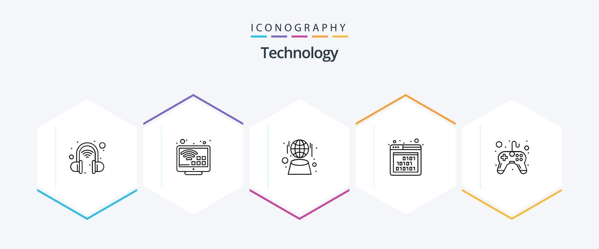 paquete de iconos de 25 líneas de tecnología que incluye el juego. control. globo. SEO código vector