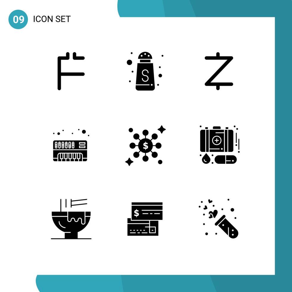 Pictogram Set of 9 Simple Solid Glyphs of case share coin dollar electronic Editable Vector Design Elements