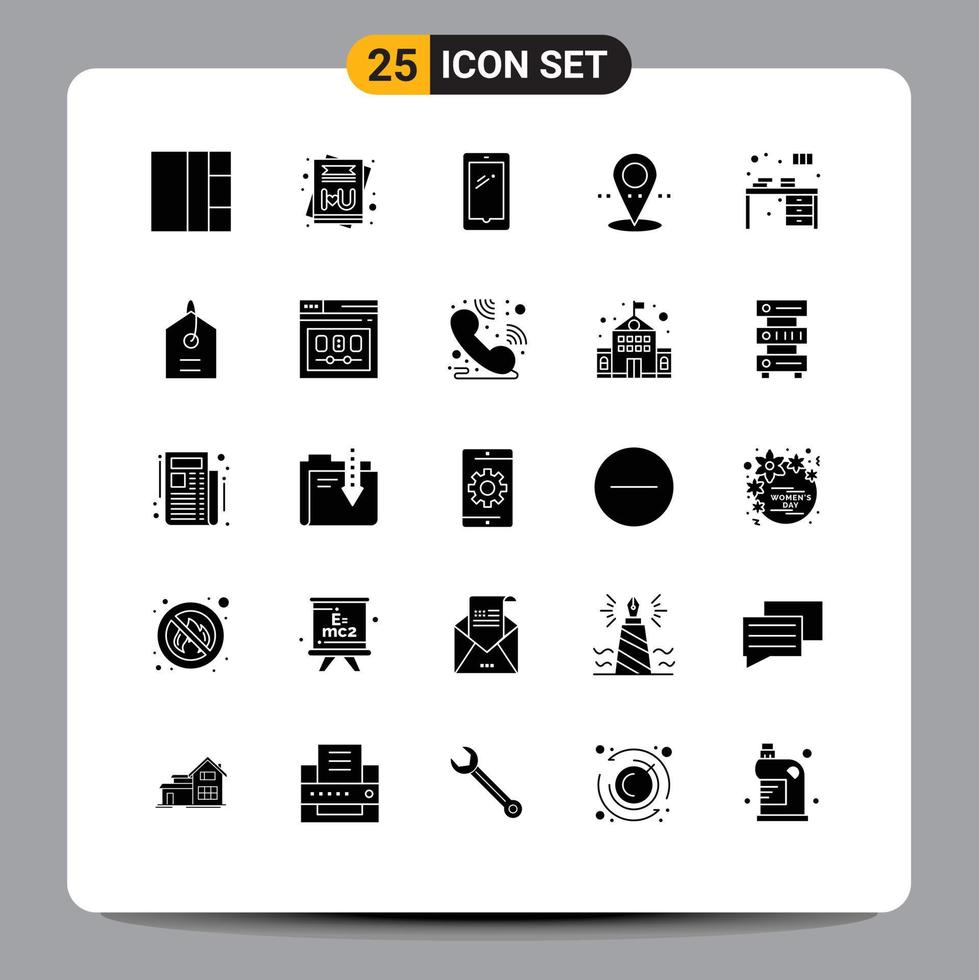 Set of 25 Commercial Solid Glyphs pack for decorate book android desk point Editable Vector Design Elements