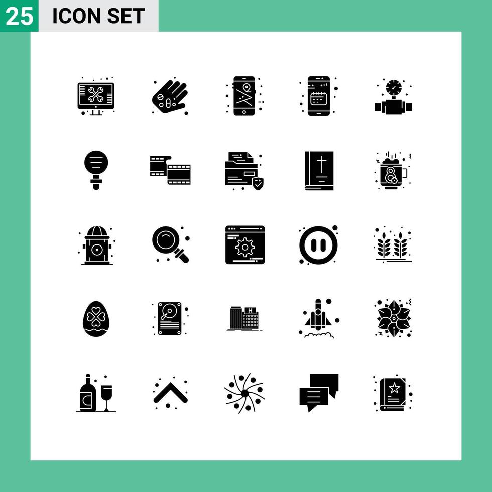 Pack of 25 creative Solid Glyphs of mobile calendar pills app map pin Editable Vector Design Elements