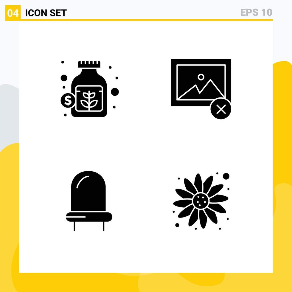 Mobile Interface Solid Glyph Set of 4 Pictograms of currency light savings photo flower Editable Vector Design Elements