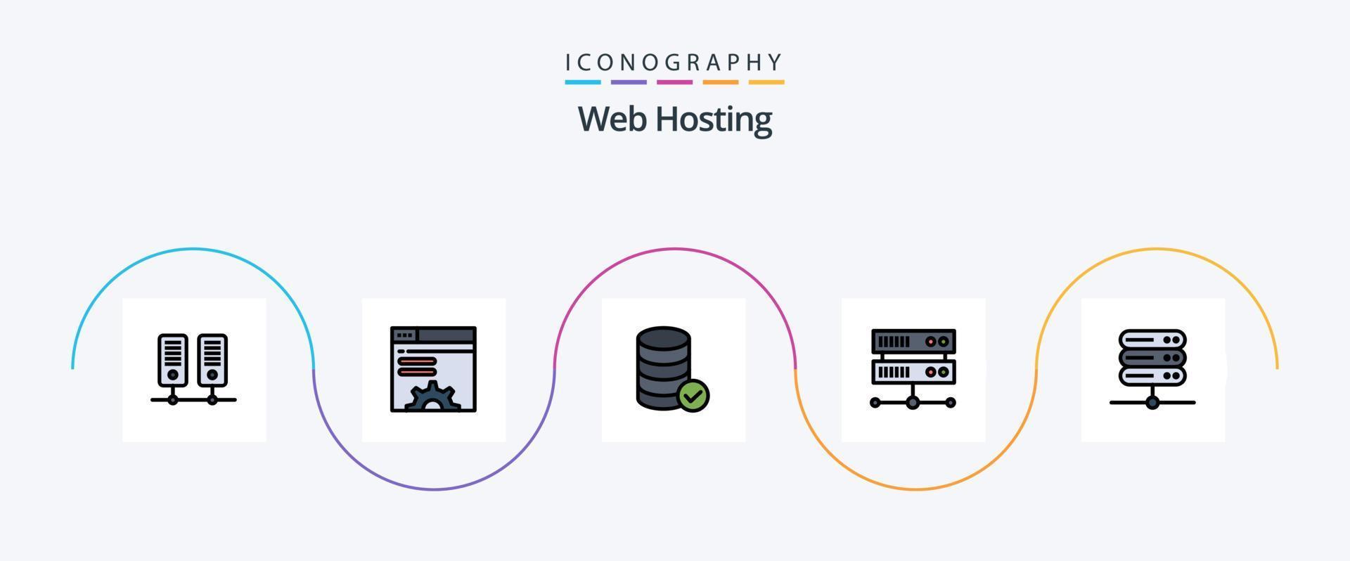 la línea de alojamiento web llenó el paquete de 5 íconos planos que incluye . red. seguridad. base de datos. servidor de base de datos vector