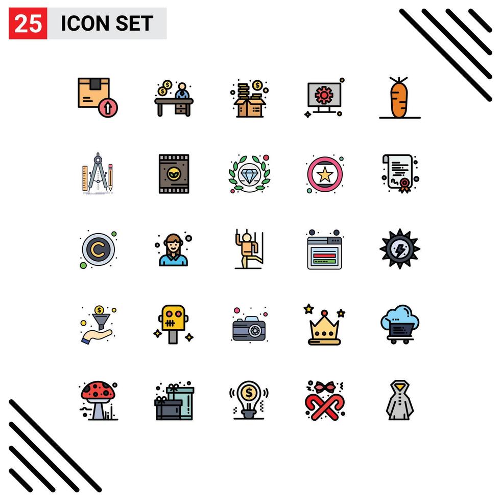 Group of 25 Modern Filled line Flat Colors Set for gear hardware reception computer fund Editable Vector Design Elements