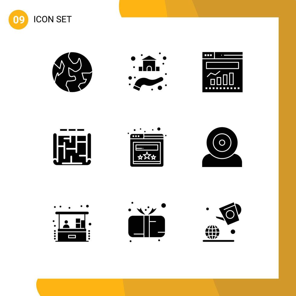 9 Universal Solid Glyph Signs Symbols of website browser graph estate blueprint Editable Vector Design Elements