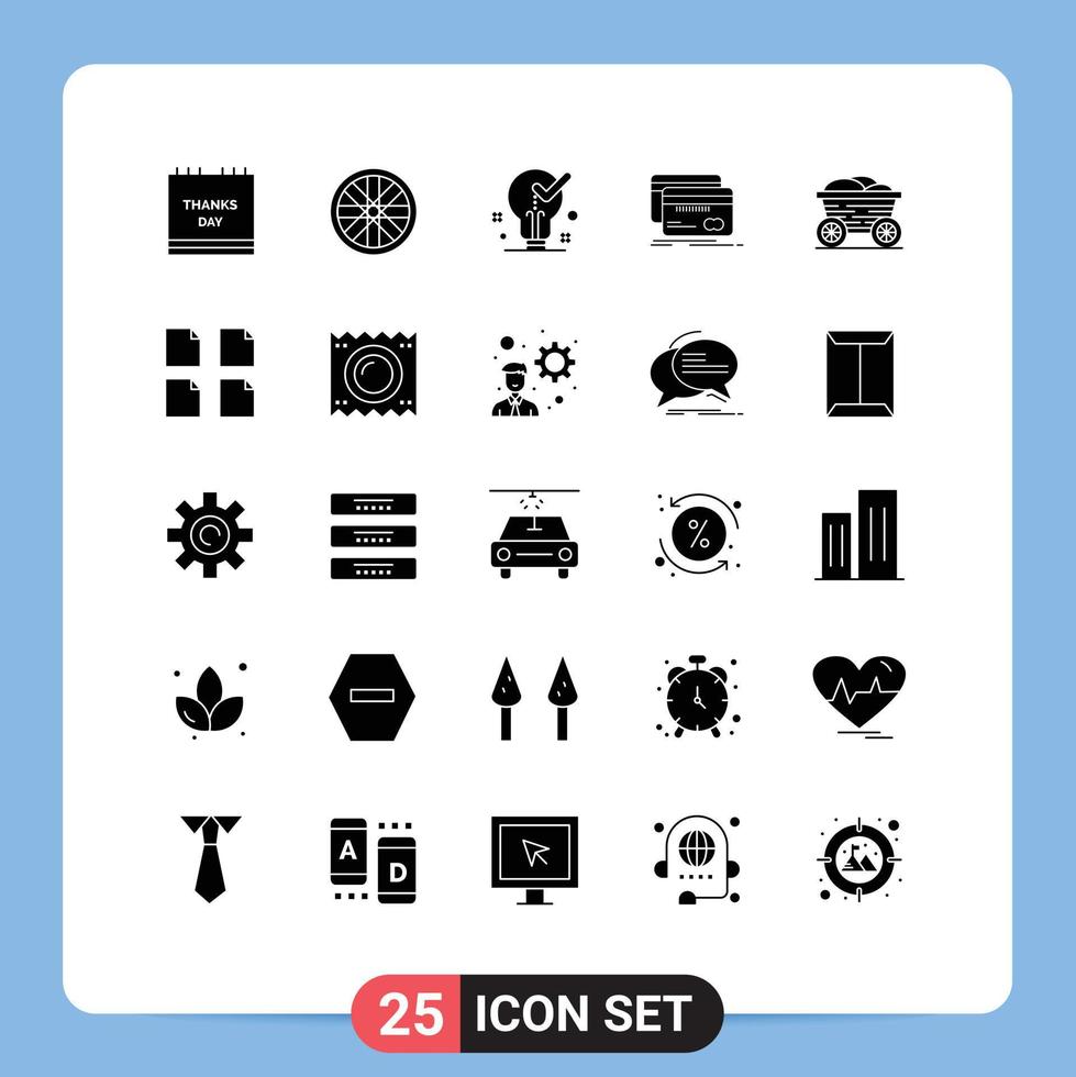 Mobile Interface Solid Glyph Set of 25 Pictograms of trolley debit idea credit banking Editable Vector Design Elements