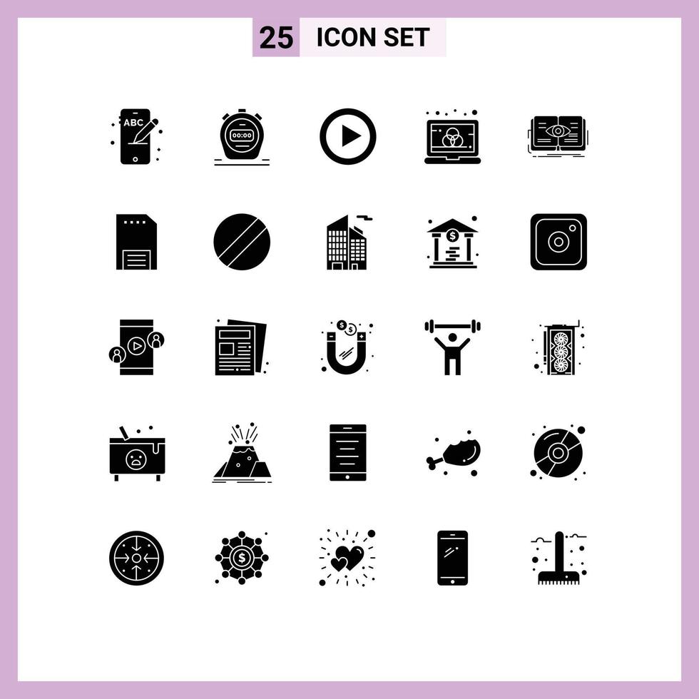 Set of 25 Vector Solid Glyphs on Grid for growth eye media book screen Editable Vector Design Elements