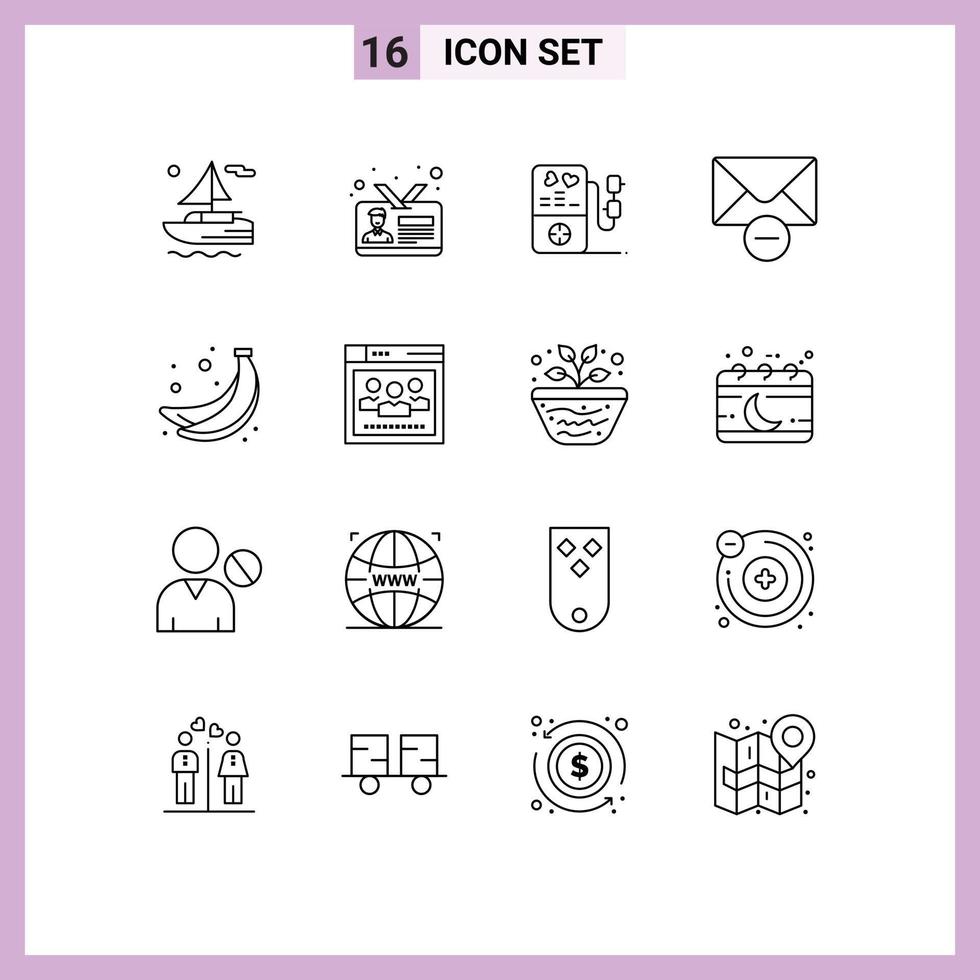 Set of 16 Modern UI Icons Symbols Signs for browser food love banana mail Editable Vector Design Elements