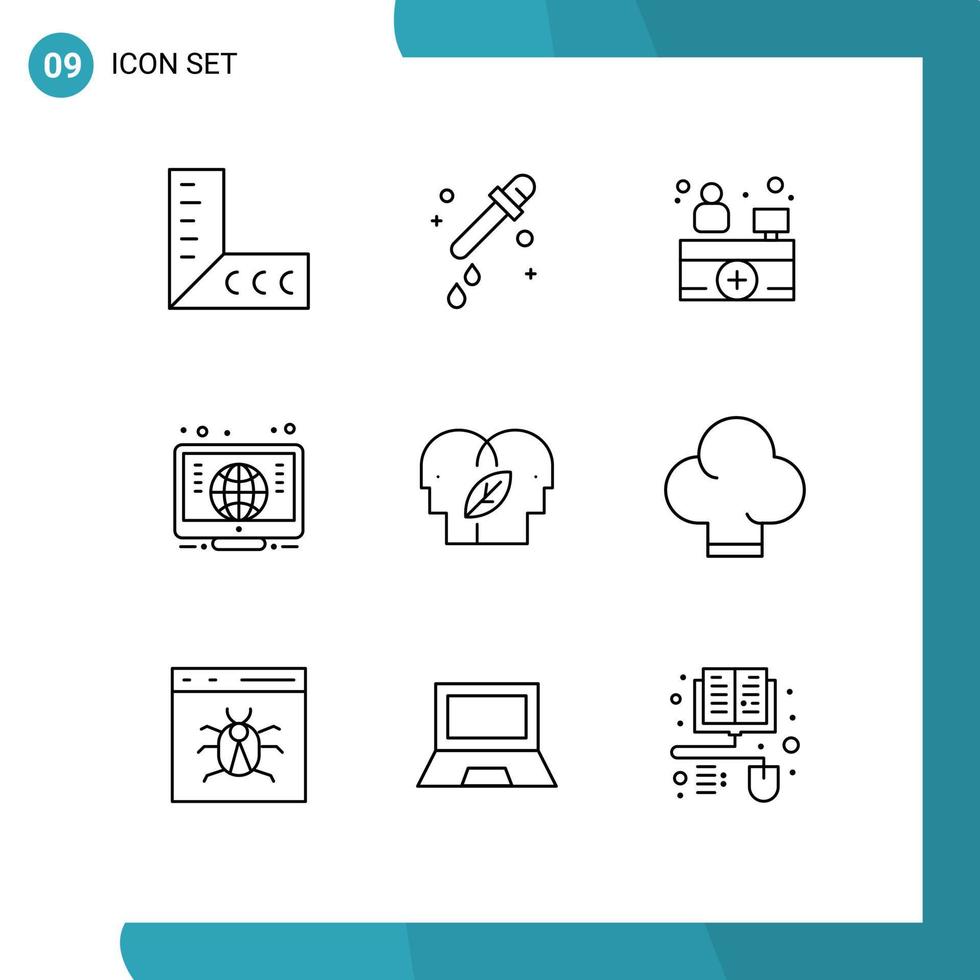 9 Thematic Vector Outlines and Editable Symbols of food mind medical head eco Editable Vector Design Elements