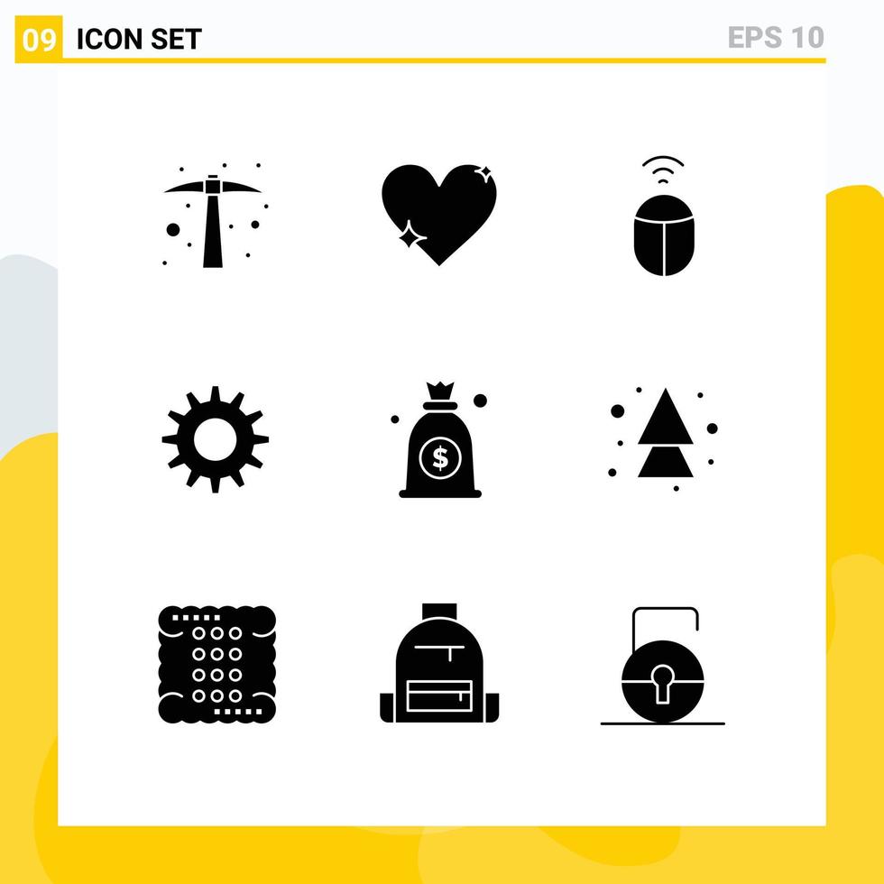 User Interface Pack of 9 Basic Solid Glyphs of bag dollar report setting cog Editable Vector Design Elements