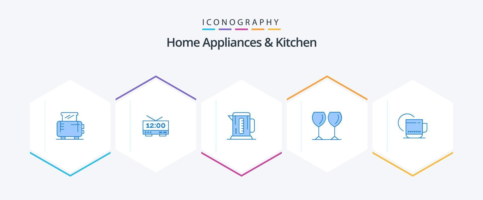 paquete de 25 íconos azules de electrodomésticos y cocina que incluye caliente. hotel. caldera. beber. vaso vector