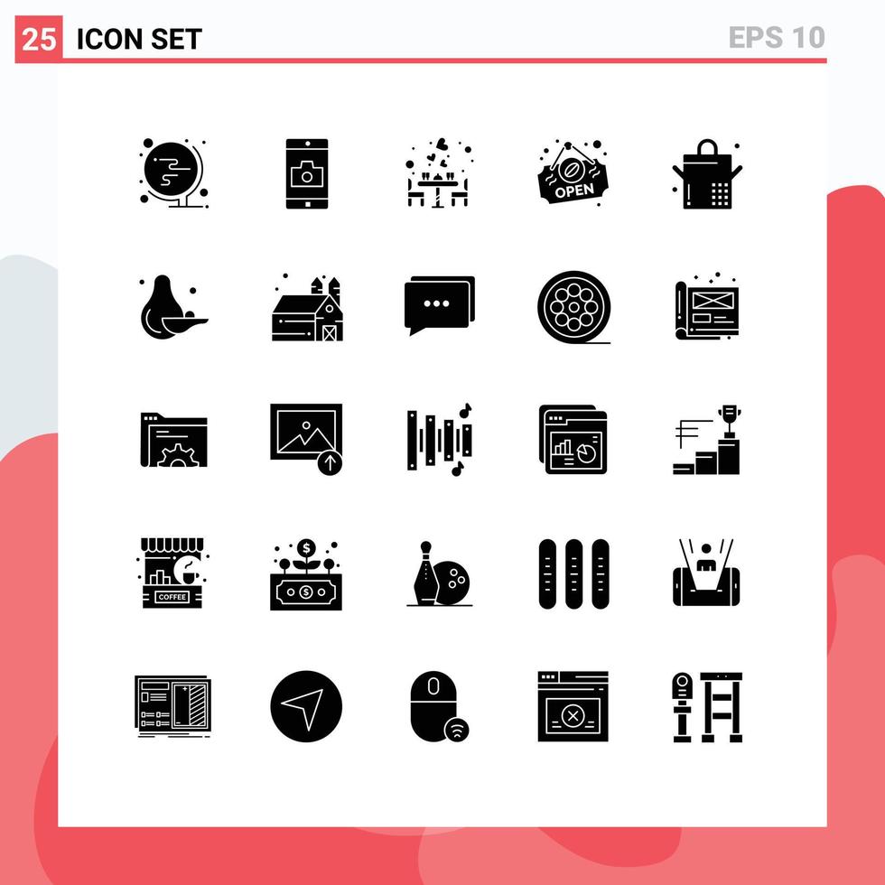Mobile Interface Solid Glyph Set of 25 Pictograms of saucepan sign couple shop romantic Editable Vector Design Elements