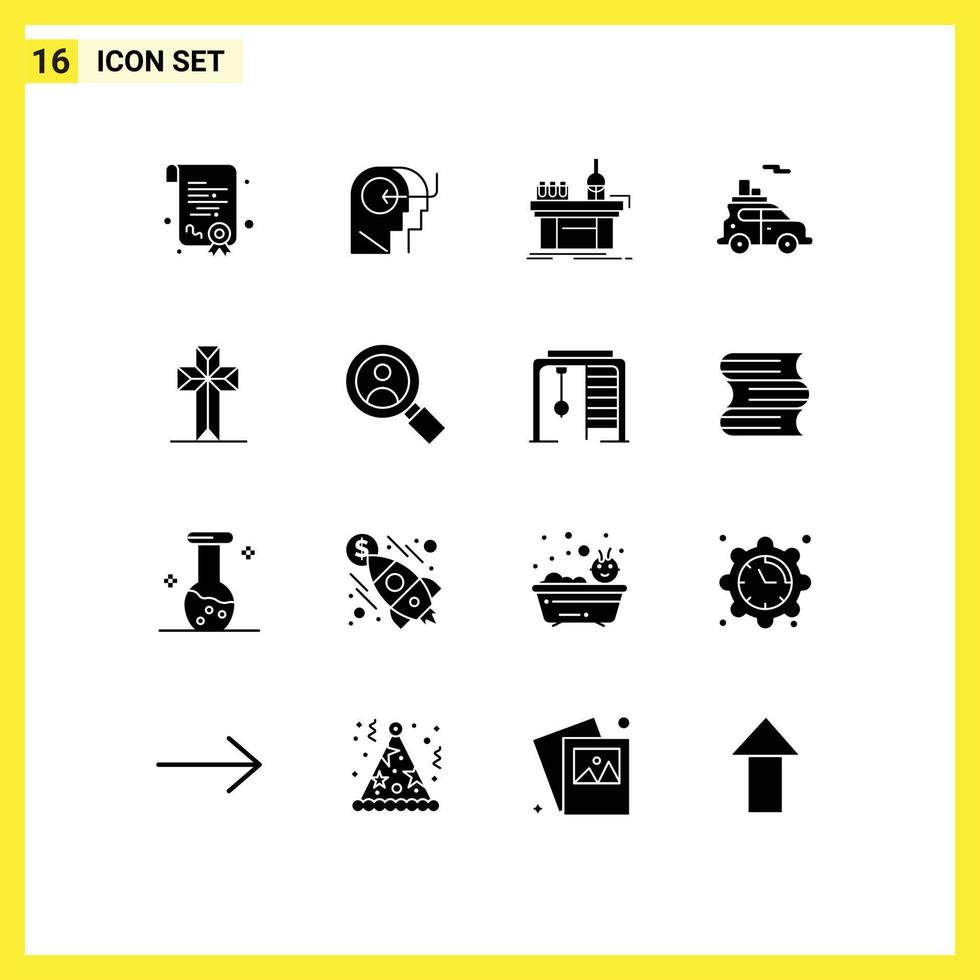 Pack of 16 Modern Solid Glyphs Signs and Symbols for Web Print Media such as christian vehicle chemistry transport auto Editable Vector Design Elements