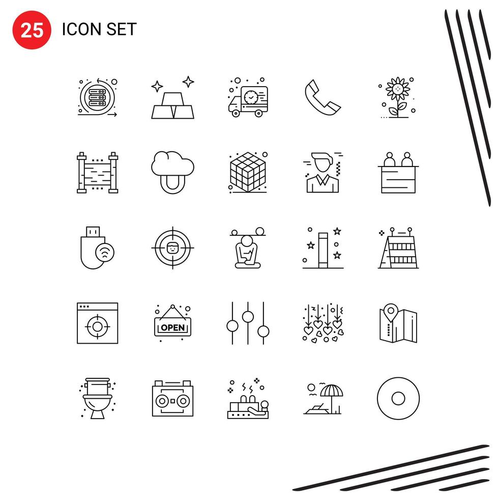 Modern Set of 25 Lines Pictograph of floral telephone delivery ring call Editable Vector Design Elements