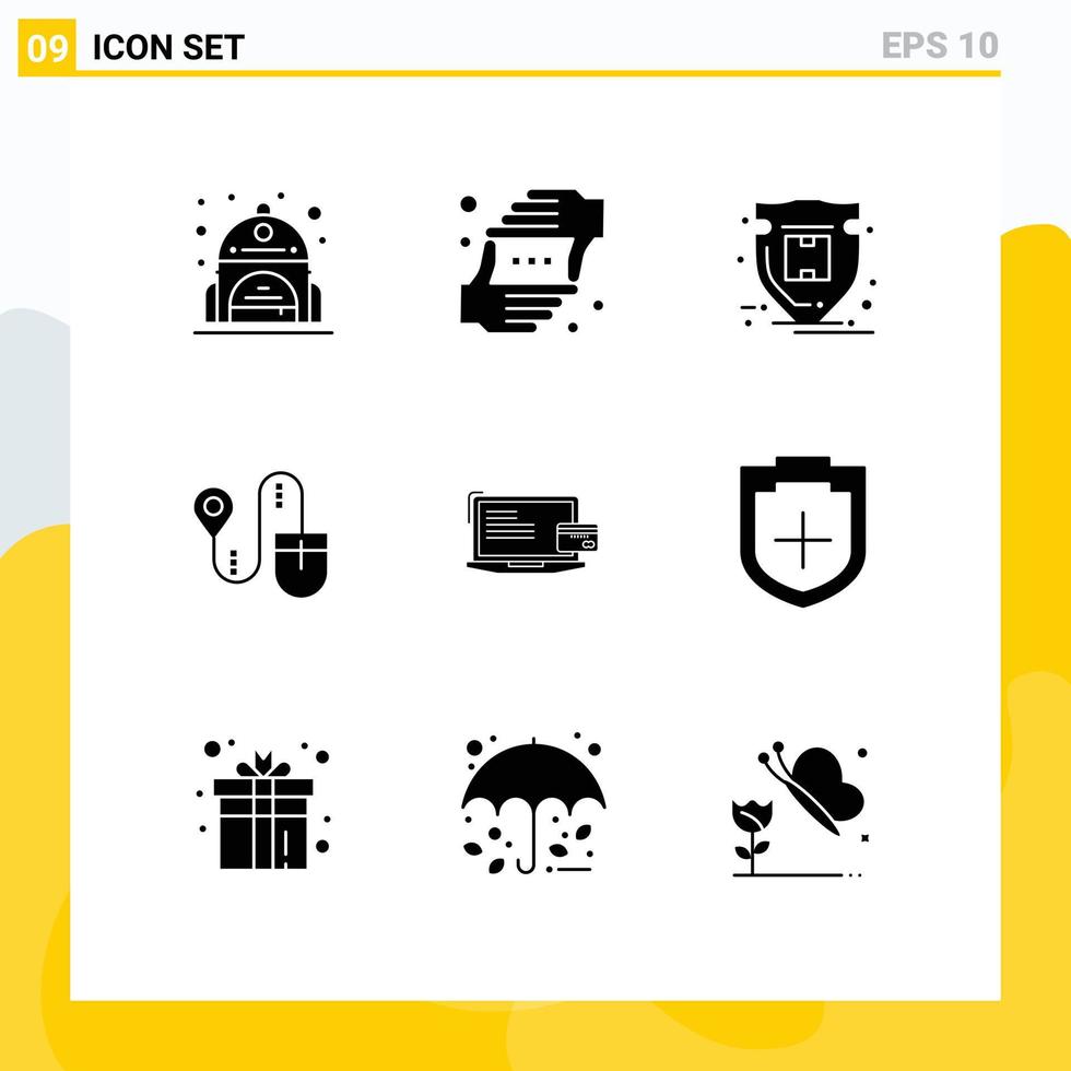 Mobile Interface Solid Glyph Set of 9 Pictograms of business computer package search mouse Editable Vector Design Elements