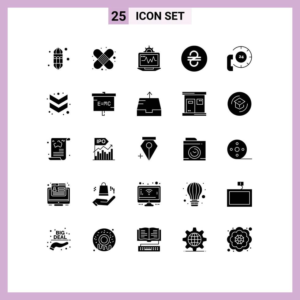 Solid Glyph Pack of 25 Universal Symbols of communication call laptop ukraine hryvna Editable Vector Design Elements