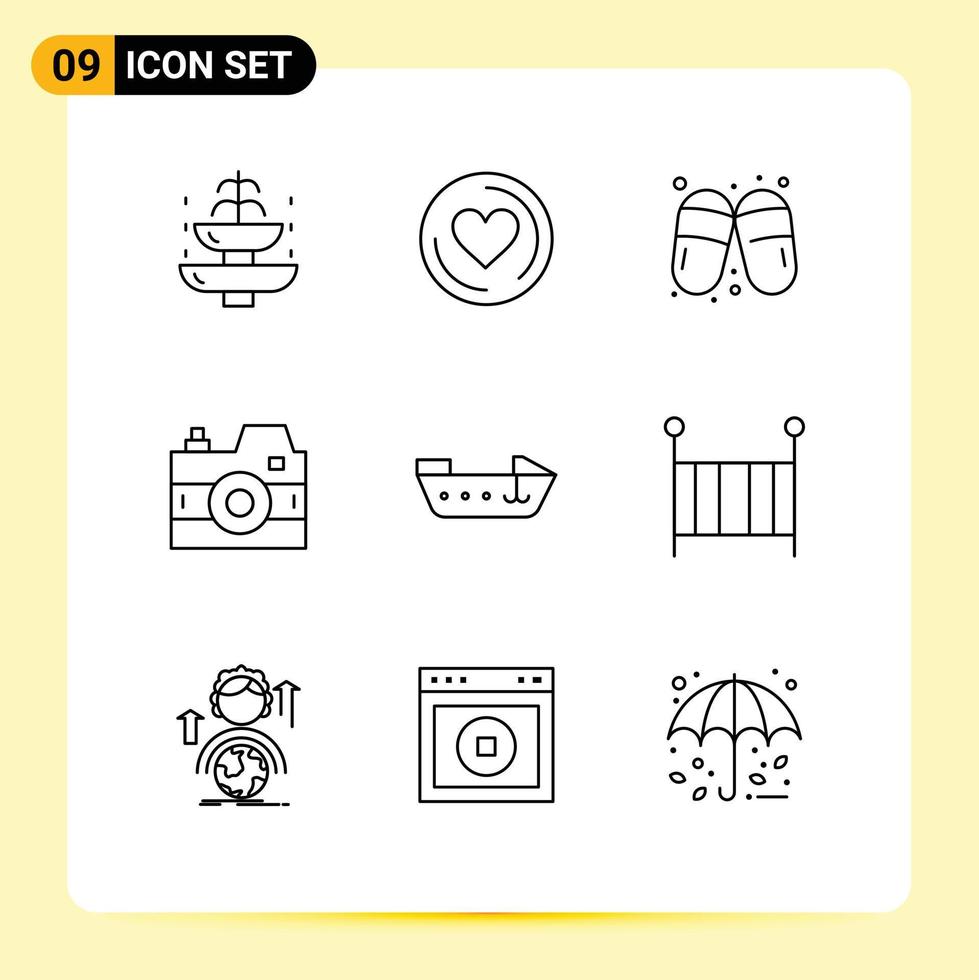 Mobile Interface Outline Set of 9 Pictograms of motor photography sandal photo camera Editable Vector Design Elements
