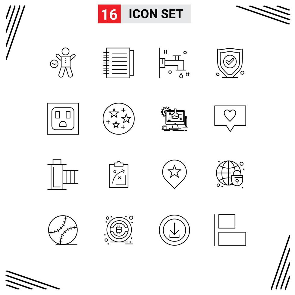 User Interface Pack of 16 Basic Outlines of science electric paper security insurance Editable Vector Design Elements