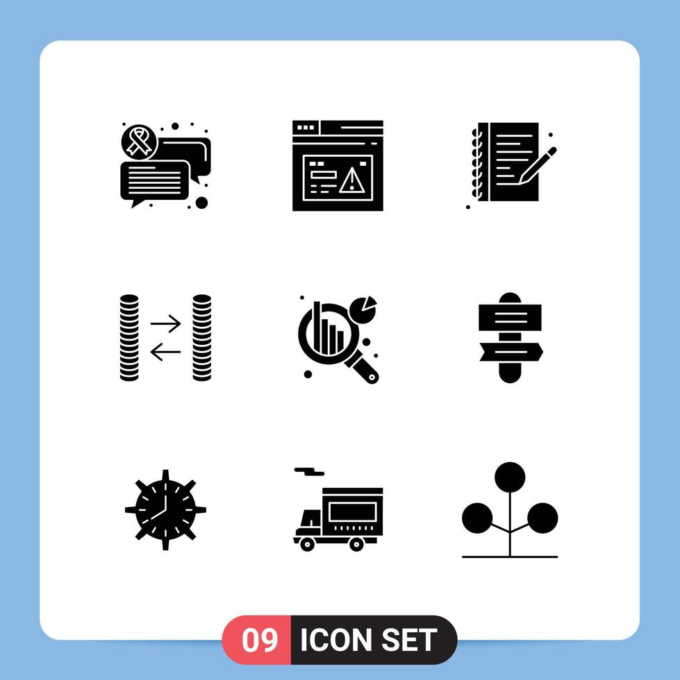 Pack of 9 creative Solid Glyphs of information analysis chart analysis hobbies money cash Editable Vector Design Elements