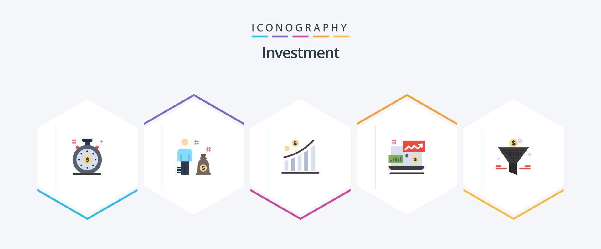 Investment 25 Flat icon pack including return on investment. funel. money. filter. investment vector