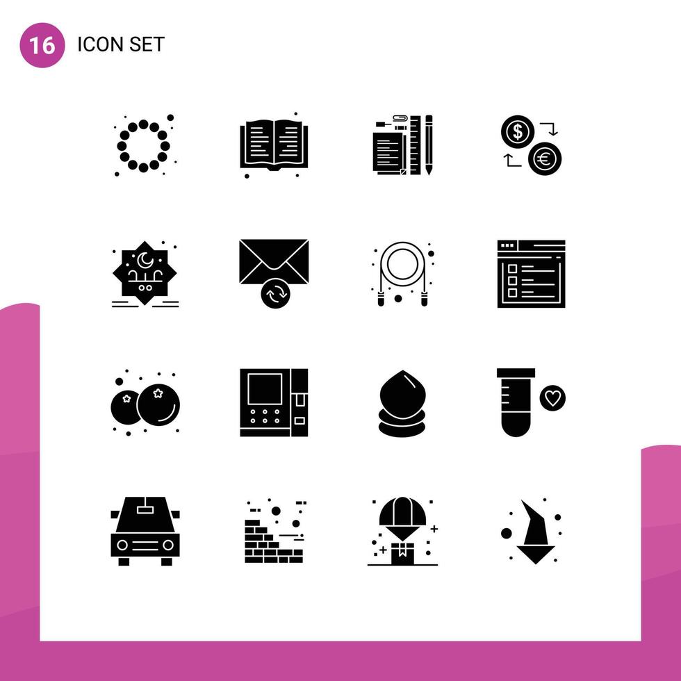 User Interface Pack of 16 Basic Solid Glyphs of financial euro pen dollar coins Editable Vector Design Elements