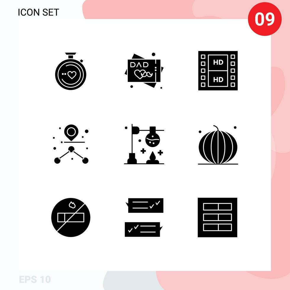 Pictogram Set of 9 Simple Solid Glyphs of science chemistry media burner path Editable Vector Design Elements