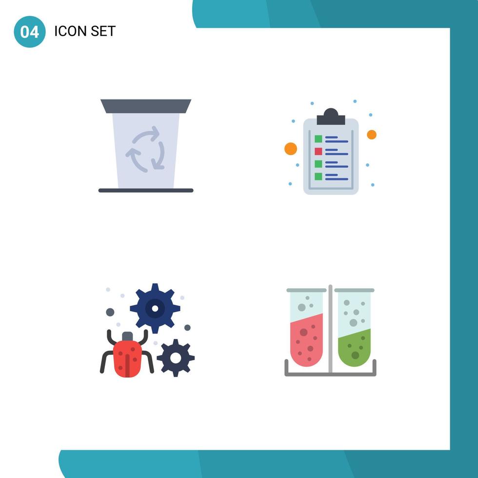 Group of 4 Modern Flat Icons Set for recycle been setting check list configure apparatus Editable Vector Design Elements