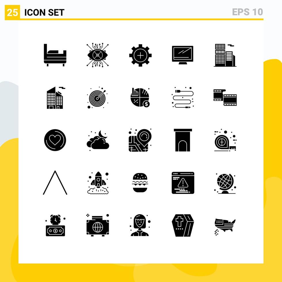 Group of 25 Modern Solid Glyphs Set for building imac equipment device computer Editable Vector Design Elements