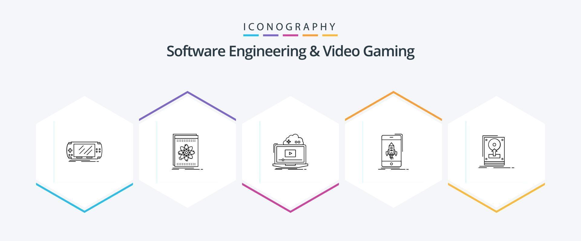 paquete de iconos de 25 líneas de ingeniería de software y videojuegos que incluye inicio. juego. plataforma. video. en línea vector