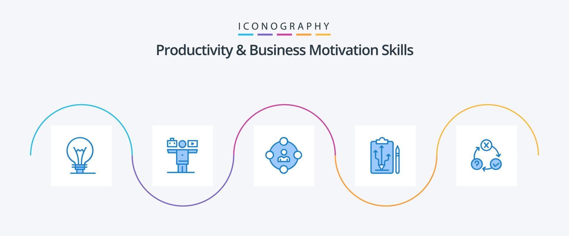 productividad y habilidades de motivación empresarial paquete de iconos azul 5 que incluye pensar. estrategia. medios de comunicación social. plan. dilación vector