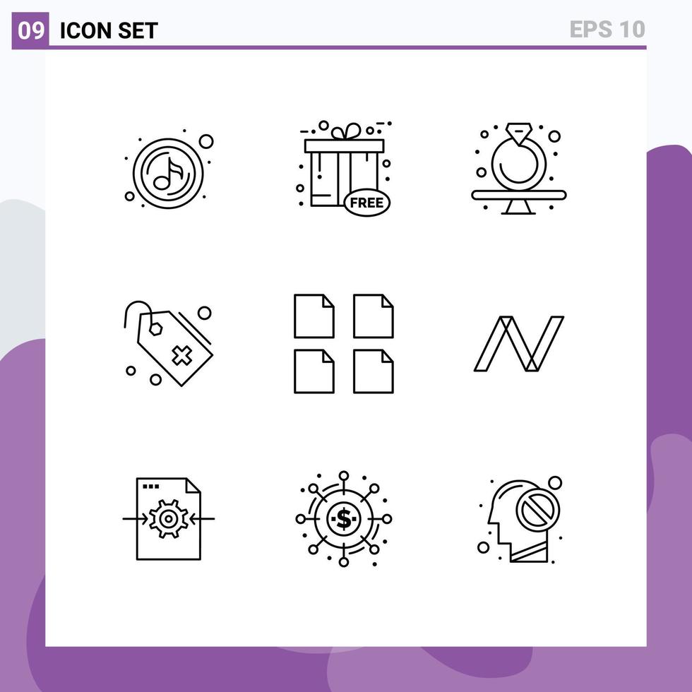 conjunto de pictogramas de 9 contornos simples de documentos que agregan elementos de diseño de vectores editables de etiqueta actual