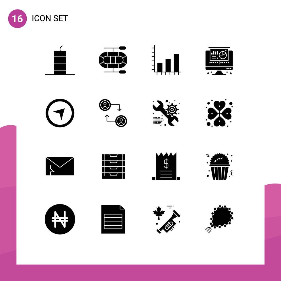 Group of 16 Solid Glyphs Signs and Symbols for account maps business direction projector Editable Vector Design Elements