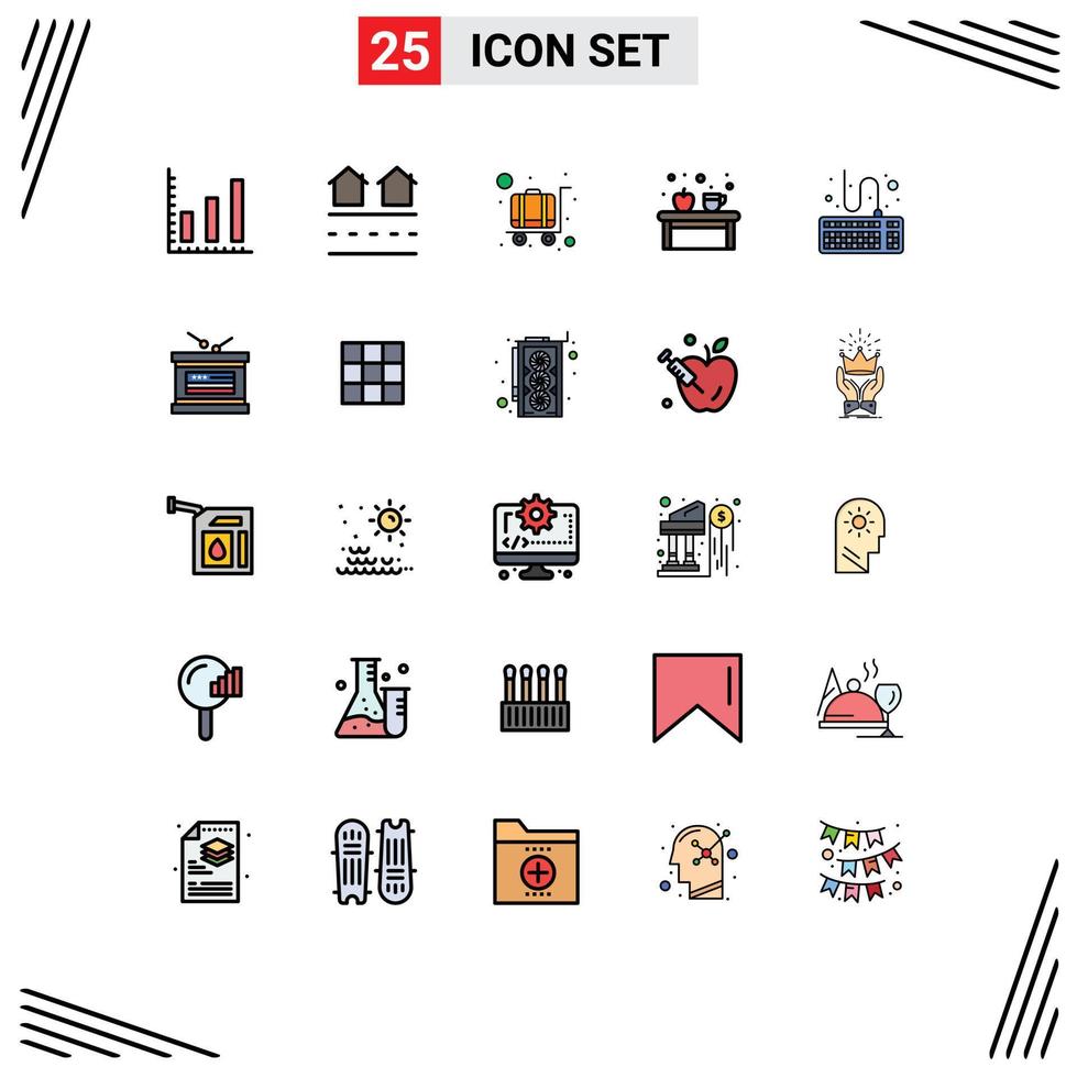 Set of 25 Commercial Filled line Flat Colors pack for attach education cart drink coffee Editable Vector Design Elements
