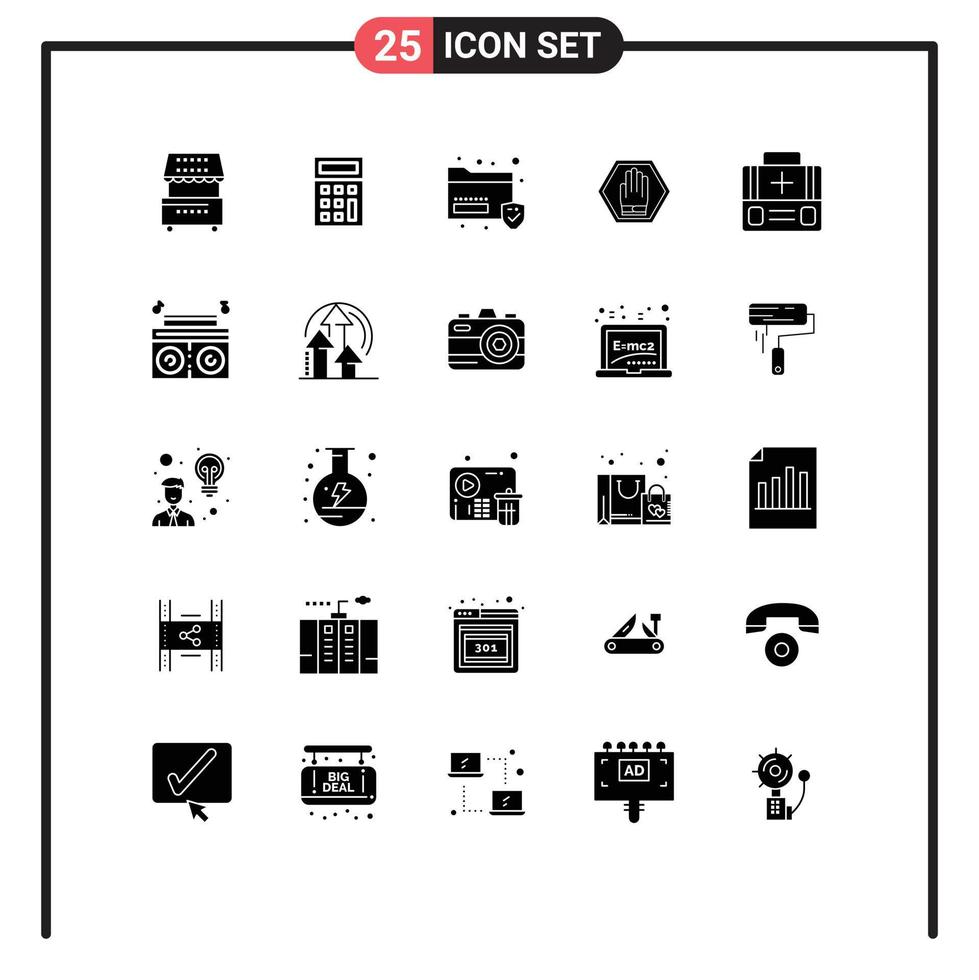 Group of 25 Solid Glyphs Signs and Symbols for briefcase traffic data sign stop Editable Vector Design Elements