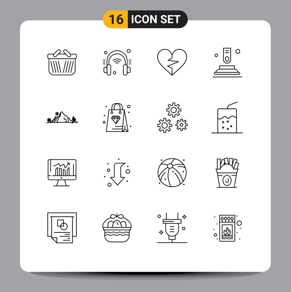 Group of 16 Modern Outlines Set for mountain finger heart button broken Editable Vector Design Elements