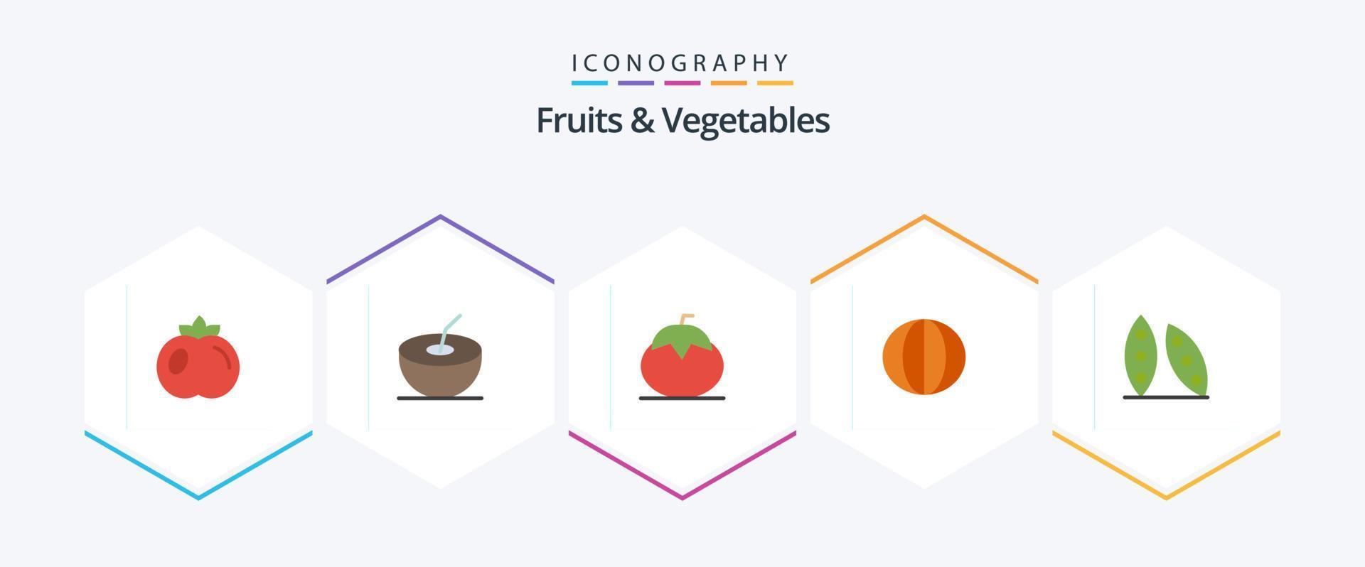 Paquete de 25 íconos planos de frutas y verduras que incluye comida. frijol. tomate. verduras. calabaza vector