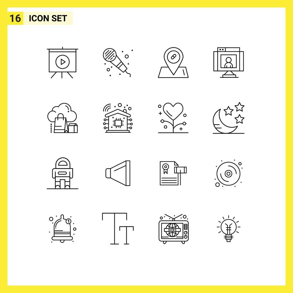 Set of 16 Modern UI Icons Symbols Signs for bag shopping pills cloud video Editable Vector Design Elements