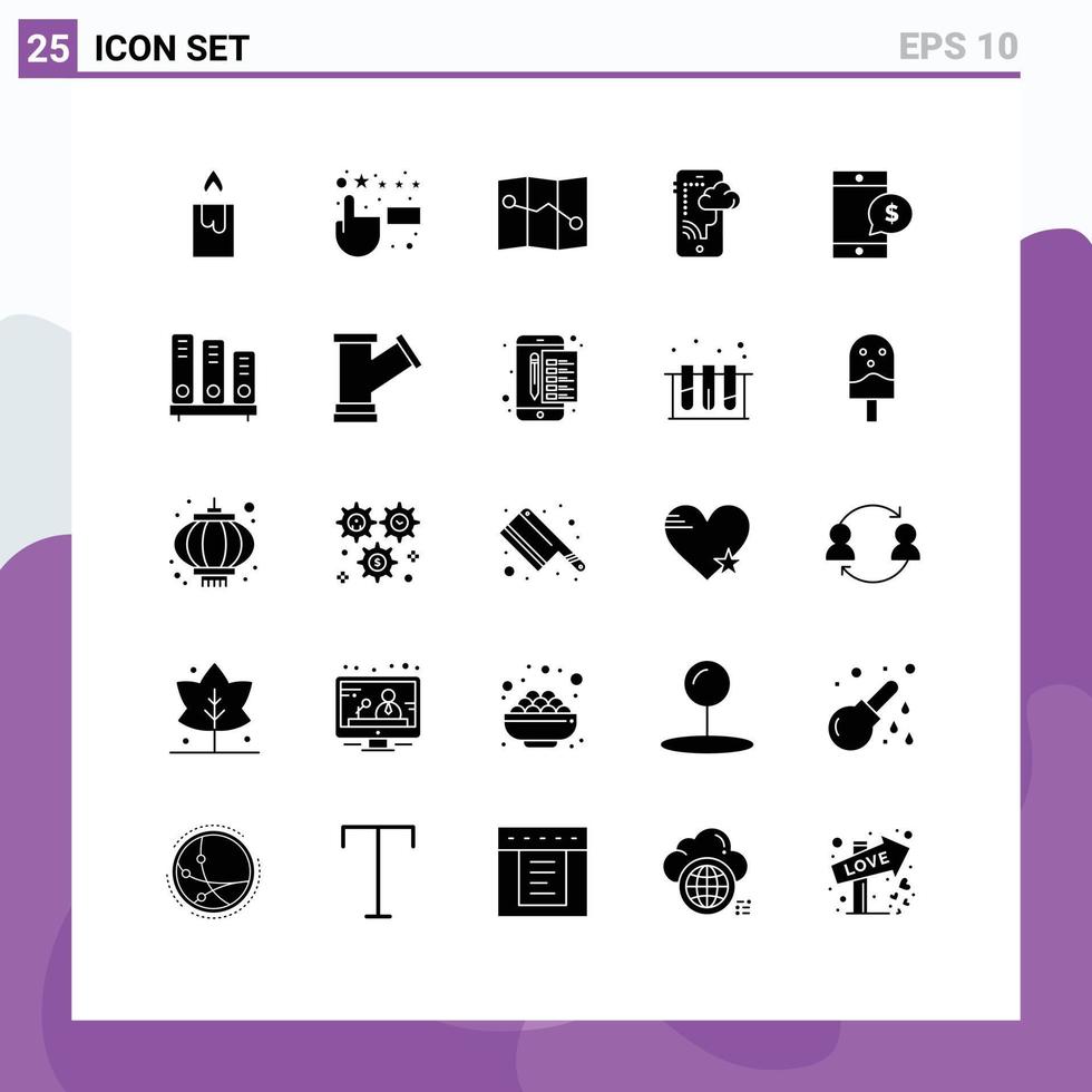 Pack of 25 Modern Solid Glyphs Signs and Symbols for Web Print Media such as reading book connection dollar cell Editable Vector Design Elements