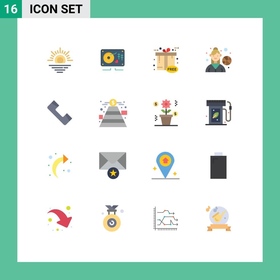 grupo universal de símbolos de iconos de 16 colores planos modernos de contacto telefónico llamada cibernética reproductor femenino paquete editable de elementos de diseño de vectores creativos